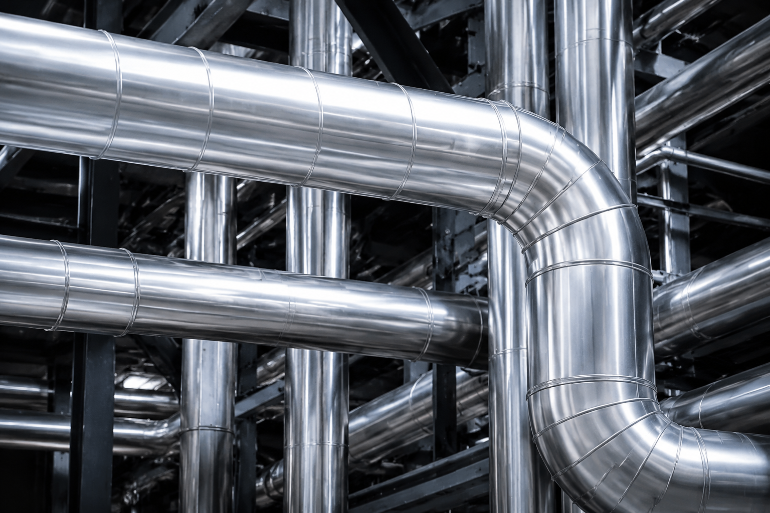 Réseau dense de tuyauteries calorifugées avec habillage aluminium et gros coude à 90°